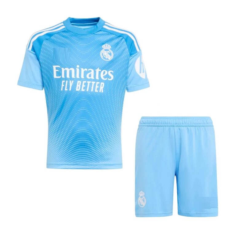 real madrid 2025 26 light blue goalkeeper kid kit 100